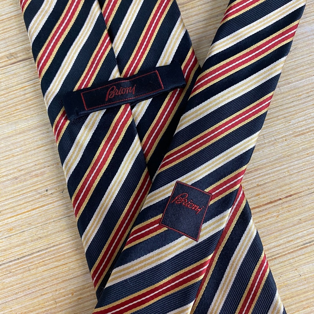 Brioni Silk Tie Red black gold Stripes Woven Hand Made Italy 3.5" x 60"
